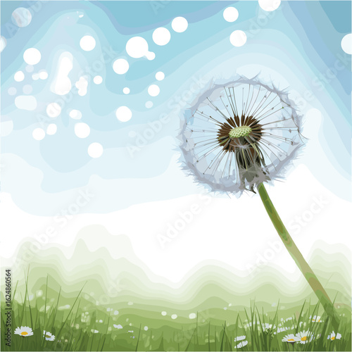 Delicate white dandelion seed head against a soft green and blue sky nature