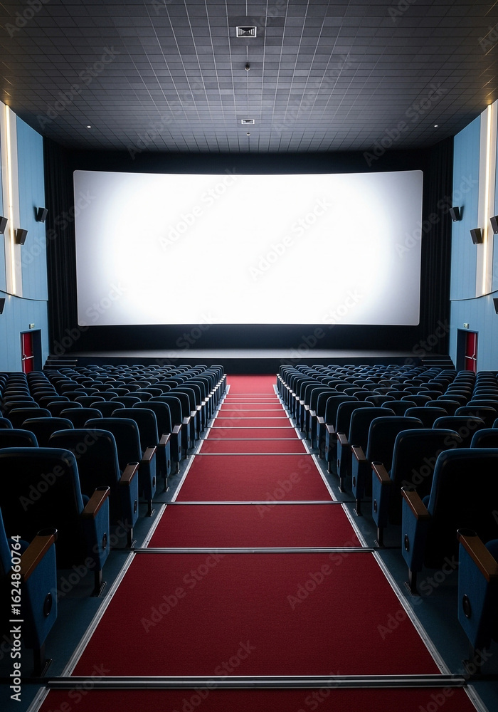 Fototapeta premium Empty cinema auditorium with red carpet and blank screen