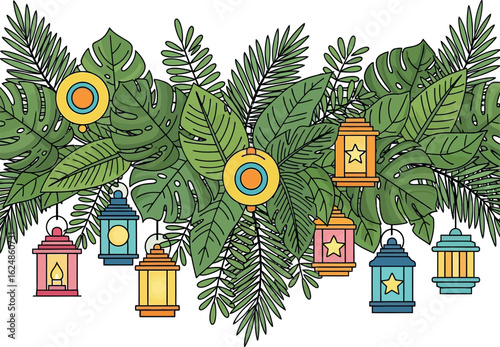 Festive colorful lanterns hanging from a lush tropical leaf garland, a vibrant vector illustration for celebration and party decoration.