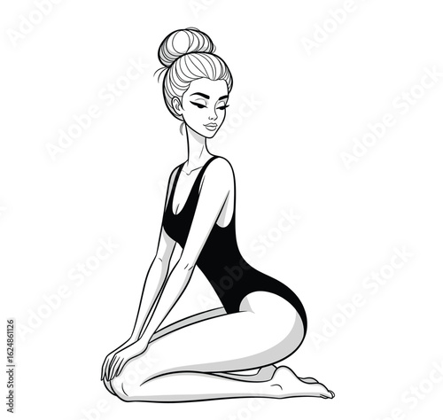Elegant Woman Kneeling in Classic Swimsuit, Graceful Pose with Updo Hairstyle Vector Art
