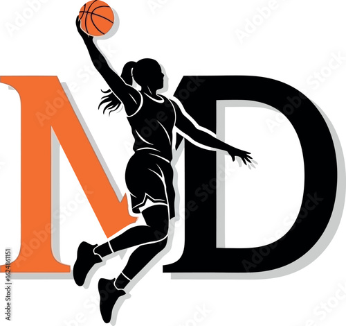 Dynamic silhouette of a female basketball player jumping for a dunk, set against letters for a customizable team logo.