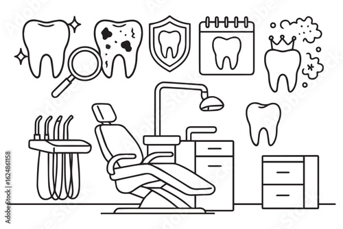 Black and white dental health icons, including tooth care, treatment, equipment, and symbols for oral hygiene dental care graphics