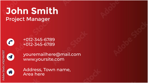 Modern red business card for john smith, project manager, with contact details and website