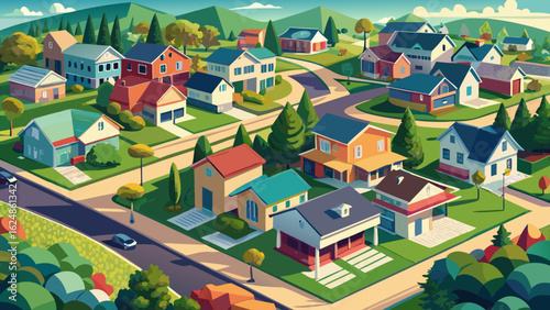 American community houses in US suburbs. View from above of large residential homes in small town in rural Tennessee
