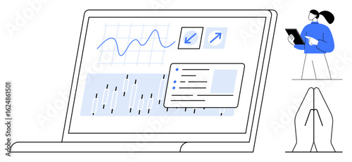 Laptop with graphs, charts, and analytics dashboard. Analyst reviewing device beside hands in thinking pose. Ideal for tech, business, strategy, analysis, innovation decision-making simple landing