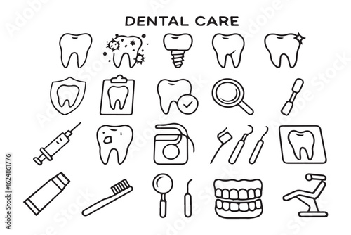 Illustration of dental care and health icons including teeth, dental tools, and equipment for oral hygiene and treatment dental care graphics