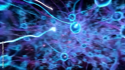 Animation of a neural network showing neurons and synapses transmitting electrical signals. Scientific concept of brain activity, biology, and the nervous system.