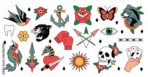 Traditional Tattoo Style Illustrations of Animals Flowers Skull and Cards on White swallow bird