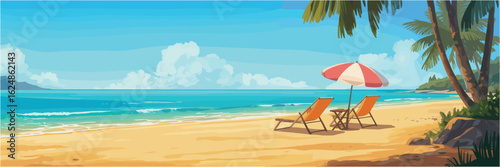 Tropical beach with lounge chairs and umbrella under palm trees ocean sand
