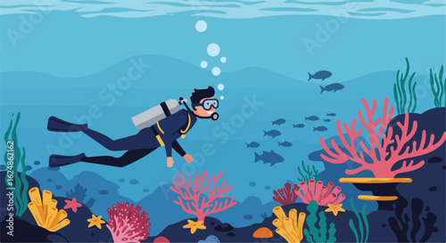Diver swims underwater among reefs, fish schools in background. Vector Illustration