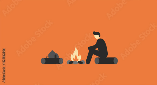 Flat illustration Man relaxes by the fire on a log, with a pot over a flame, use Camping