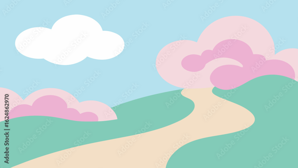 Fototapeta premium Sky-high clouds float above a vibrant green summer landscape with a sandy beach and a calm blue ocean