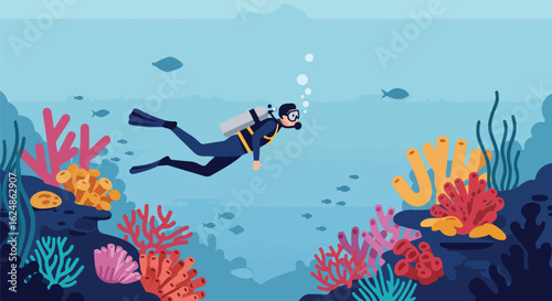 Scuba diver swims. Fish swim in the sea. Coral reefs in the background. Education material