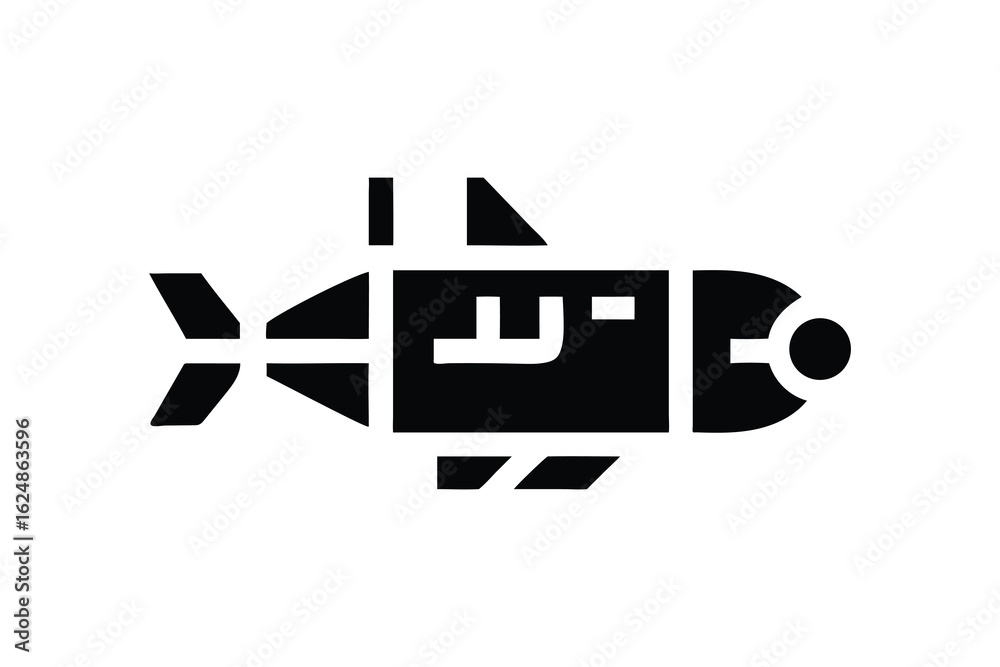 Stylized black silhouette of a futuristic fish shaped submarine or submersible vehicle on a white background Stylized black silhouette of a futuristic fish shaped submarine or submersible vehicle on a white background