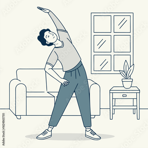 A young man doing side stretches in living room