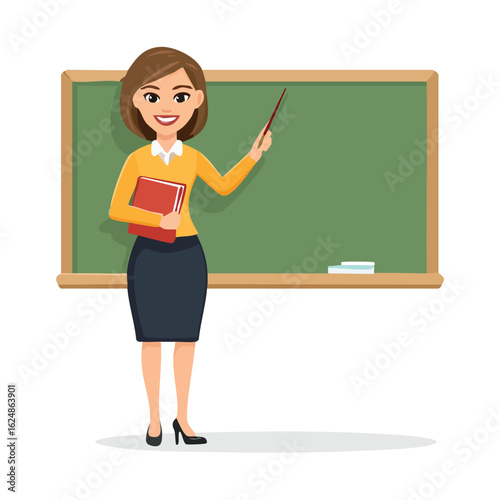 Cheerful Female Teacher with a Book in a Classroom - AI Generated