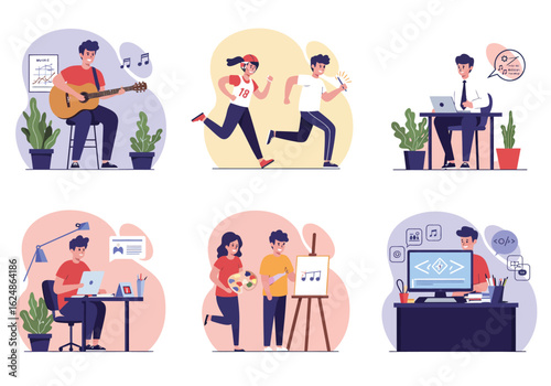 A set of six illustrations showing people's daily activities, hobbies, and professional work.