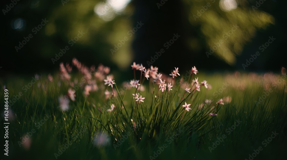 Fototapeta premium Sunlit wildflower field at dawn, ideal for book illustrations, herbal product labels, yoga retreat marketing, and nature documentary openings