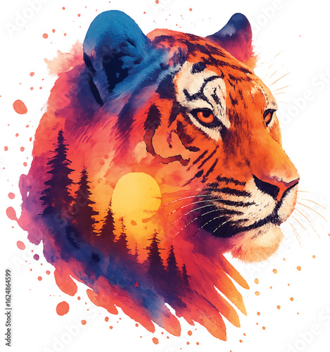 Majestic Tiger Double Exposure Watercolor – Forest Sunset Wildlife Art

