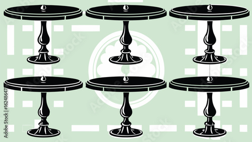 Illustration of six black tables with a decorative background and a floral emblem design element