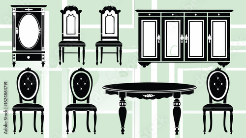 Illustration of an antique furniture set including chairs table and cabinets in black and white style