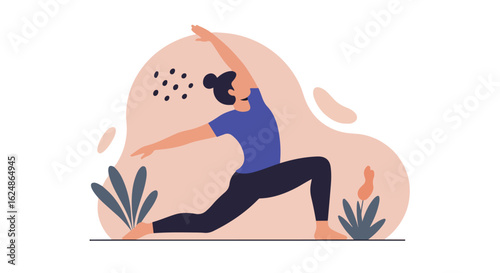 Woman doing yoga pose with plants in background for health related content