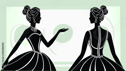 Two elegant women silhouettes facing each other in formal gowns and jewelry on a light background