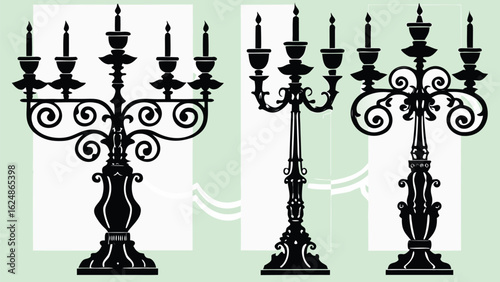 Illustration showing three ornate candelabras with lit candles in a decorative arrangement on light background