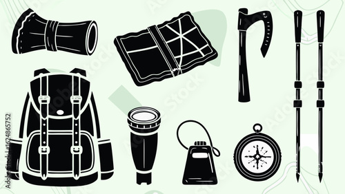 Illustration of camping gear including a backpack, map, axe, and other outdoor essentials icons