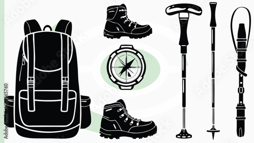 Illustration of hiking equipment including a backpack boots compass and walking sticks on white