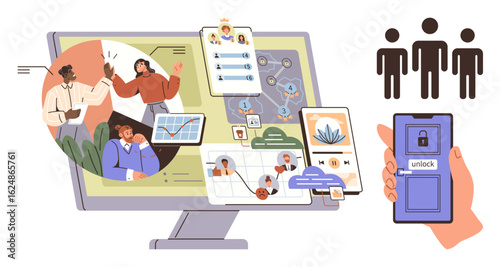 Monitor displaying collaborative tools, charts, and communication elements. Hand holding phone with unlock feature. People icons suggest teamwork. Ideal for security, teamwork, remote work, apps