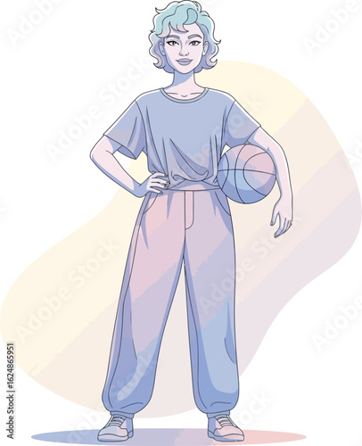 A confident female basketball player with stylish blue hair stands with a ball, a modern vector character illustration for sports and lifestyle concepts.