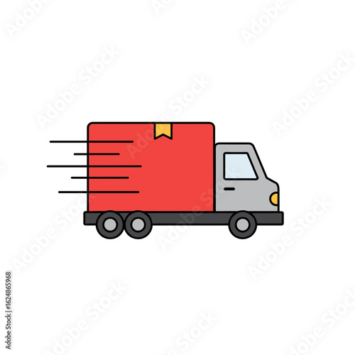 Delivery truck with large red box moving quickly on white background  