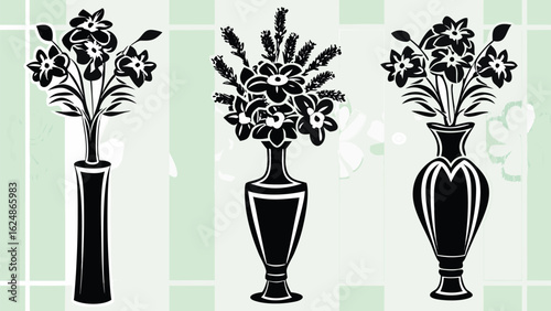 Three black vases each holding a bouquet of flowers in a decorative arrangement on white background