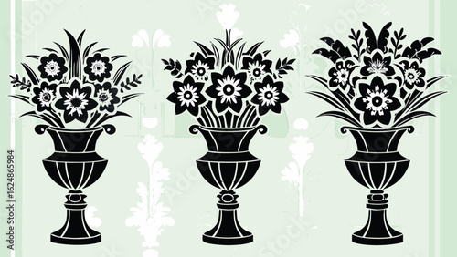 Three vases with floral arrangements in black and white against a light green background design art
