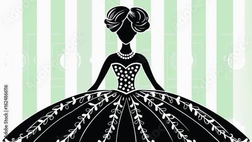 Silhouette of a woman in a ball gown with polka dots and vine details against a striped background