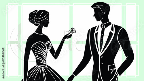 Silhouette of a woman in a dress holding a flower and a man in a suit standing together