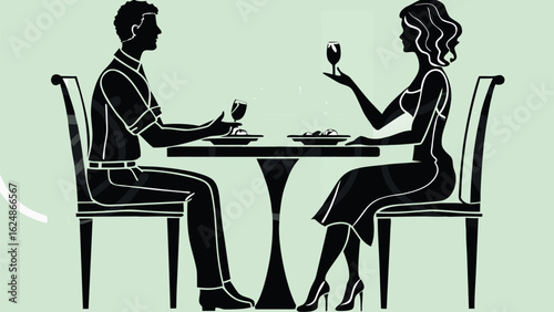 Silhouette of a man and woman having dinner at a table with wine glasses and plates of food in black