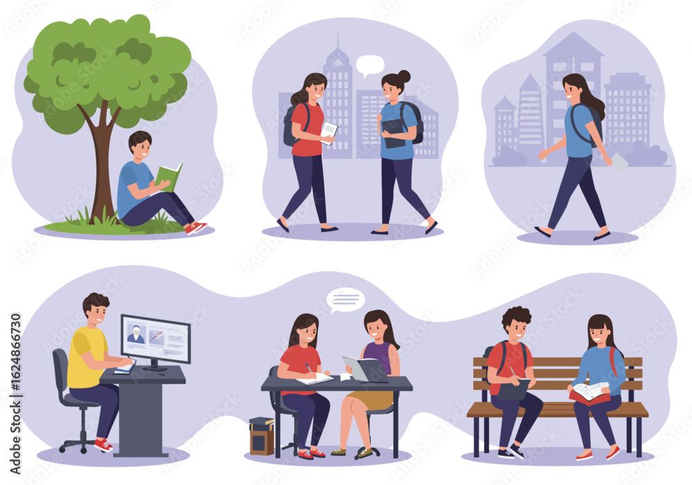 Collection of illustrations showing diverse student activities, including reading outdoors, walking on campus, studying online, and collaborating on projects. Collection of illustrations showing diverse student activities, including reading outdoors, walking on campus, studying online, and collaborating on projects.