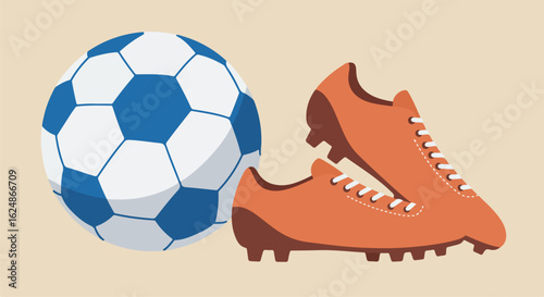 Soccer ball near a pair of cleats in a flat style isolated on a solid background