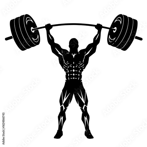 Powerful bodybuilder lifting barbell overhead strong