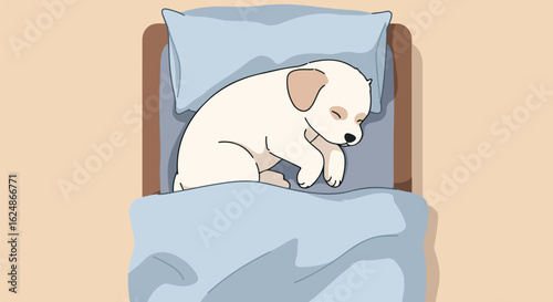 Cartoon puppy sleeping in bed in the bedroom. For children's book illustration
