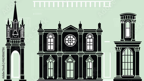Architectural silhouettes featuring a church tower and building facades in black and white style