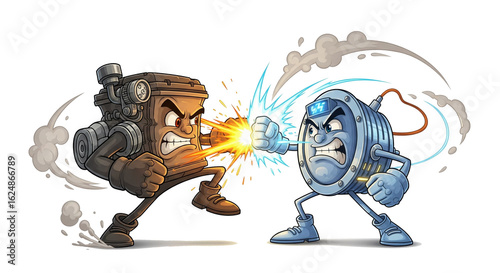 Electric Motor vs Combustion Engine – Futuristic Clash in Cartoon Battle Style