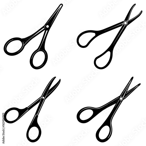 Four black and white illustrations of surgical hemostatic forceps in various orientations on white backdrop