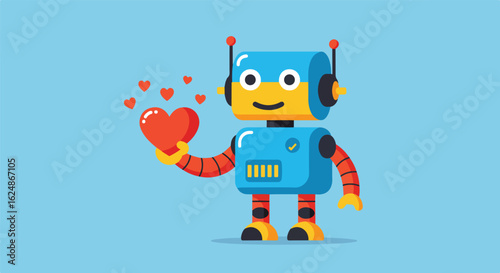 Robot Holding Heart, On light blue, hearts floating for a dating site or app concept