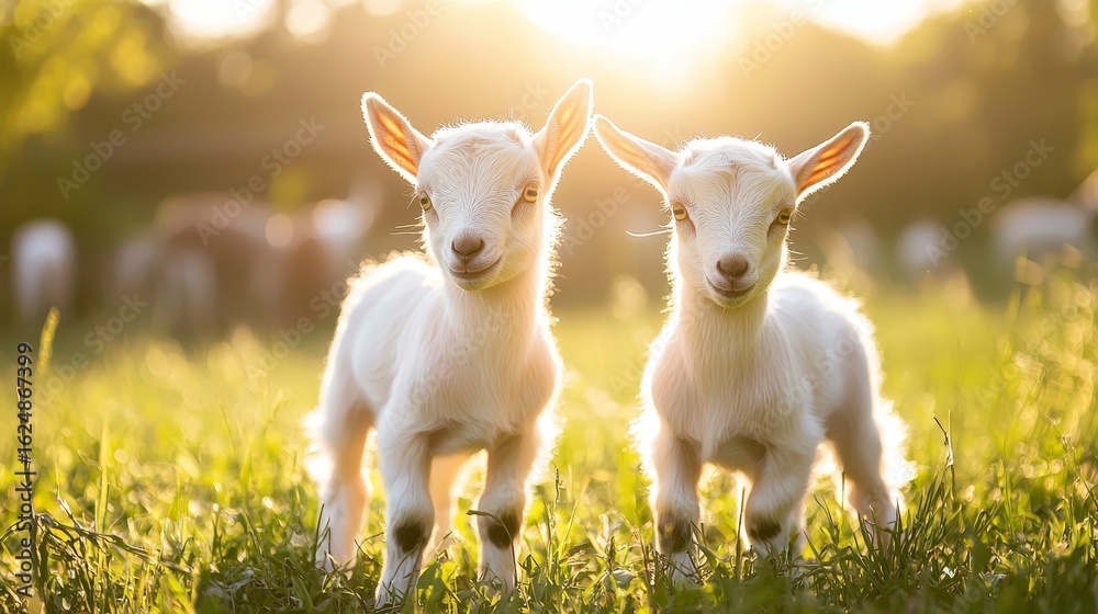 Fototapeta premium Two little, cute baby goats on field. Farming outdoor. Animals of farm. Sunny evening, amazing weather.