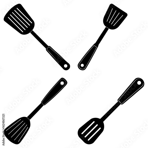 Four black spatulas with slotted heads and handles arranged on a white background in a pattern