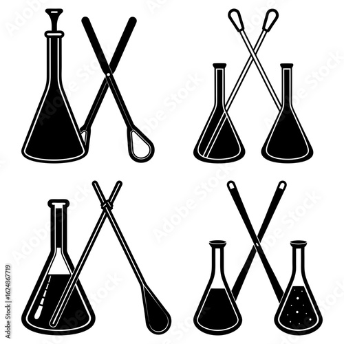 Black and white science equipment featuring flasks and stirring rods in various configurations and arrangements