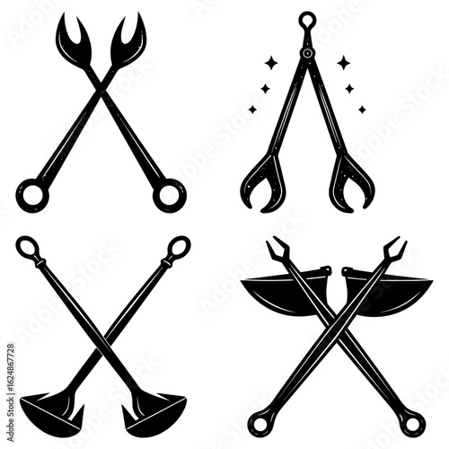 Illustration of crossed tools including tongs ladles and axes in black and white design elements